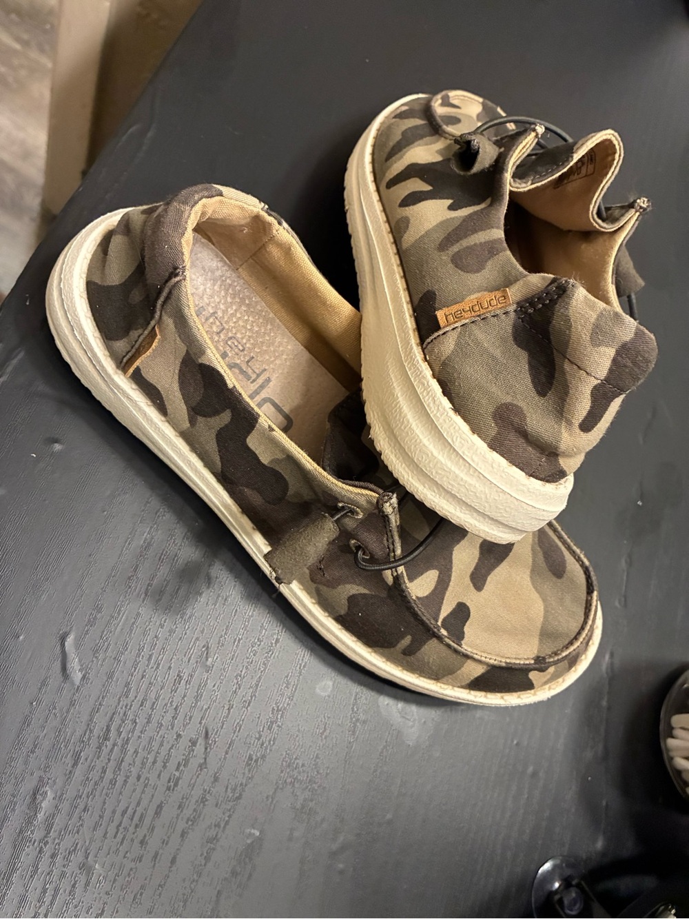 Hey Dude Kids Camo Slip-On Sneakers in Olive and Tan